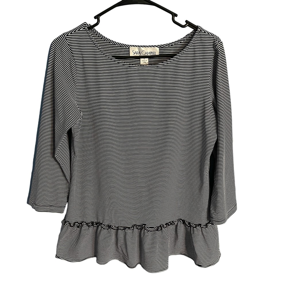 Sara Campbell Blouse‎ Small Stripe Causal Relax Fit Top Costal Academia Ruffles